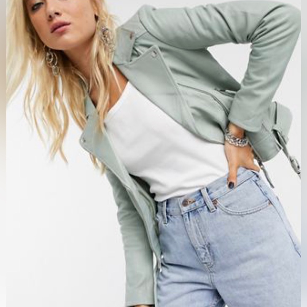 Barney’s Original Mint Green Leather Moto Jacket